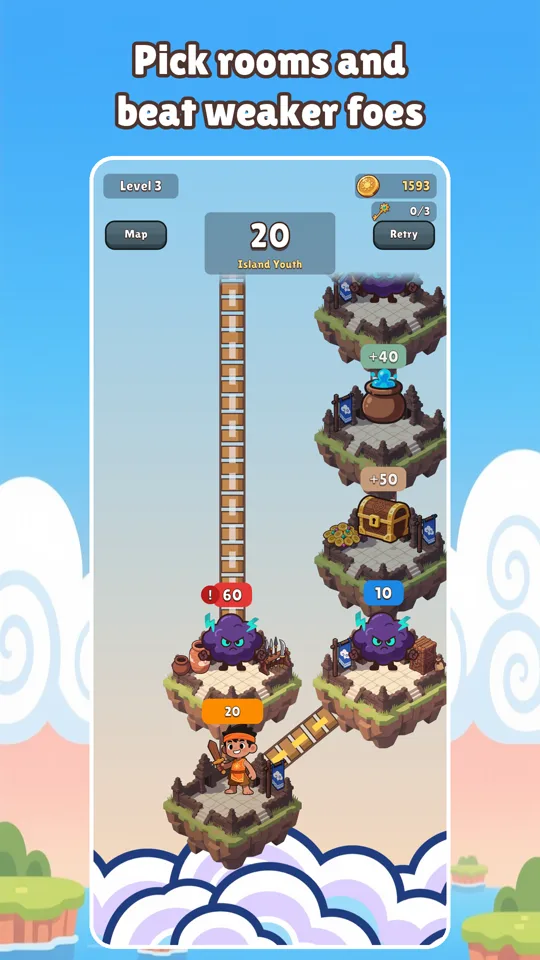Screenshot: pick rooms and beat weaker foes